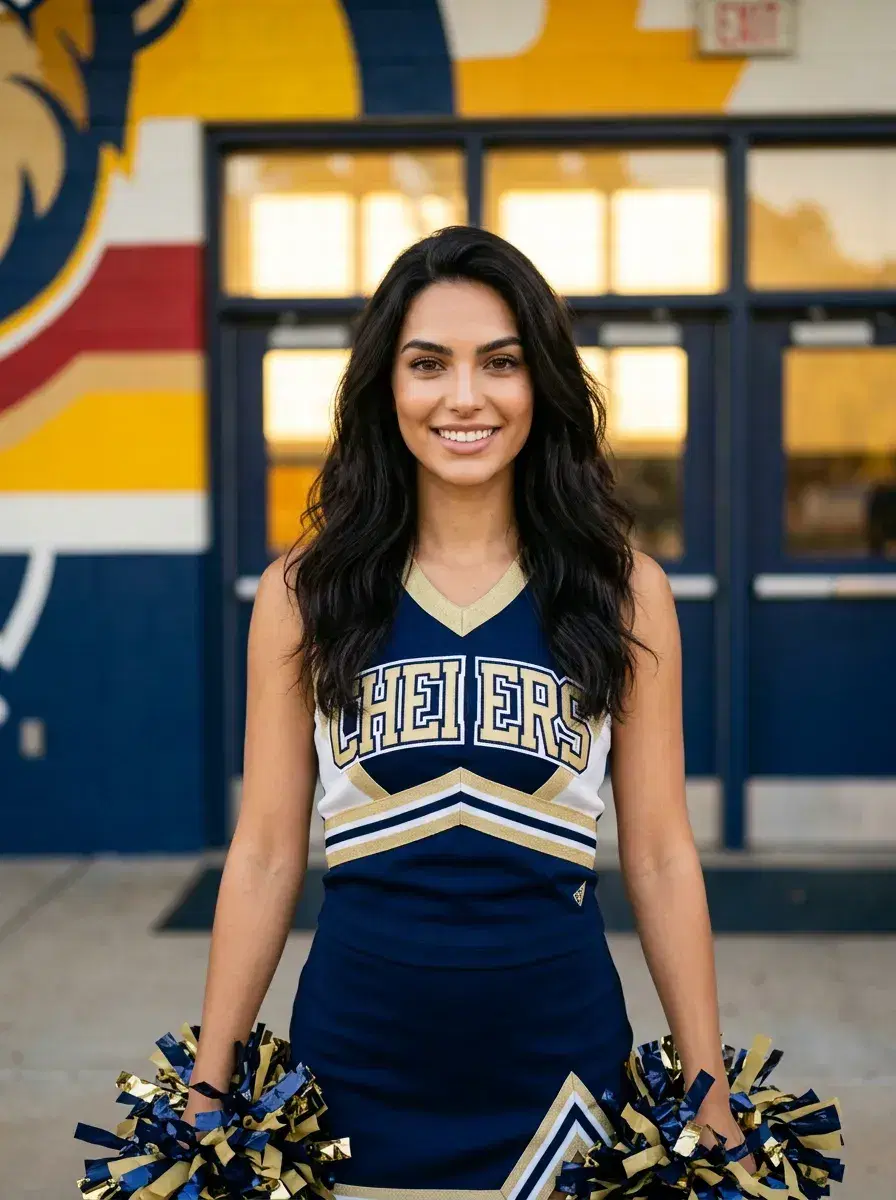 AI AI Cheerleader Photos — Squad-Ready Looks — Person in cheerleader outfit at school gymnasium entrance with school colors