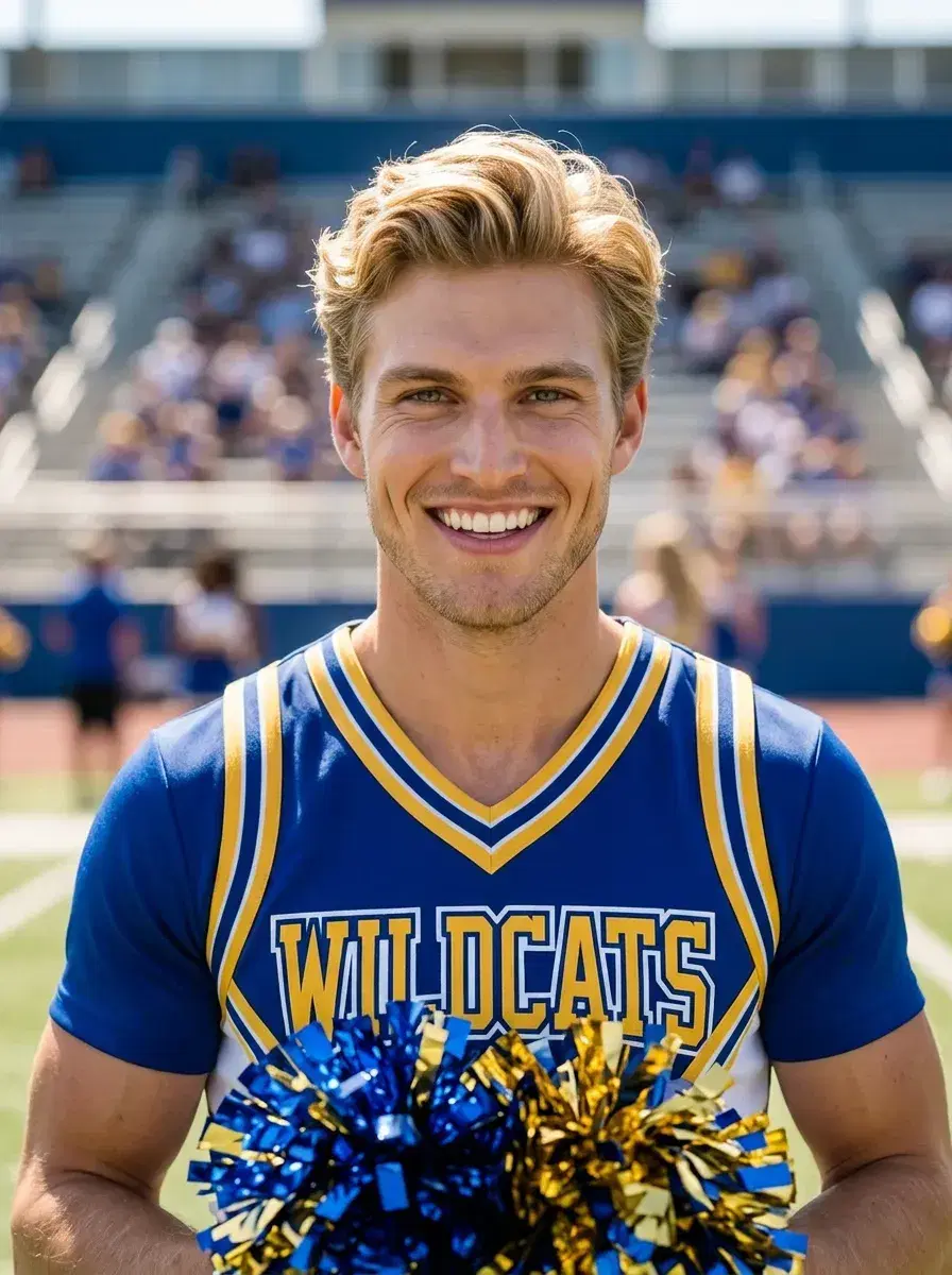 AI AI Cheerleader Photos — Squad-Ready Looks — Person in cheerleader uniform holding pom-poms on a sunny stadium field