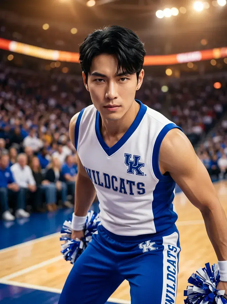 AI AI Cheerleader Photos — Squad-Ready Looks — Person in cheerleader outfit posed at stadium court edge with crowd behind