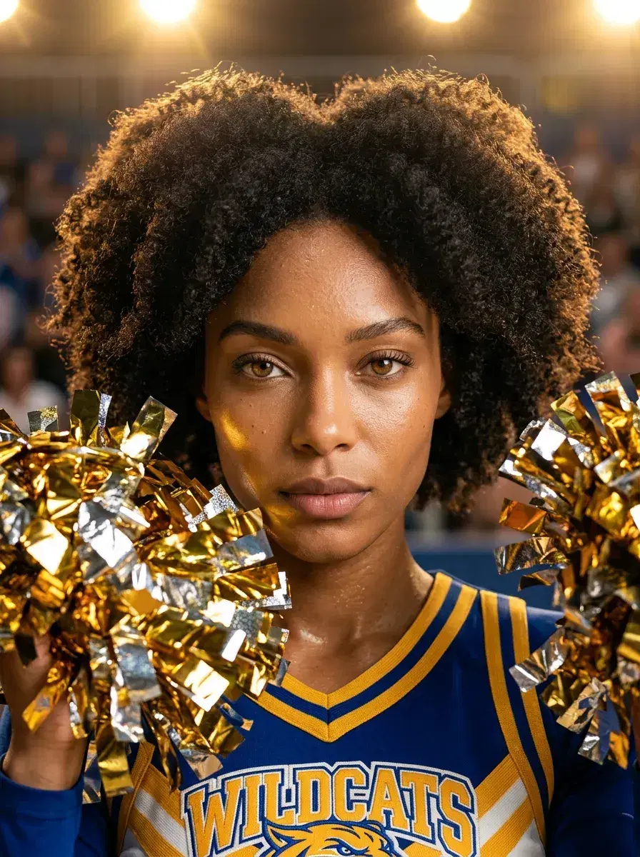 AI AI Cheerleader Photos — Squad-Ready Looks — Close-up of person in cheer uniform with pom-pom ribbons and arena lighting