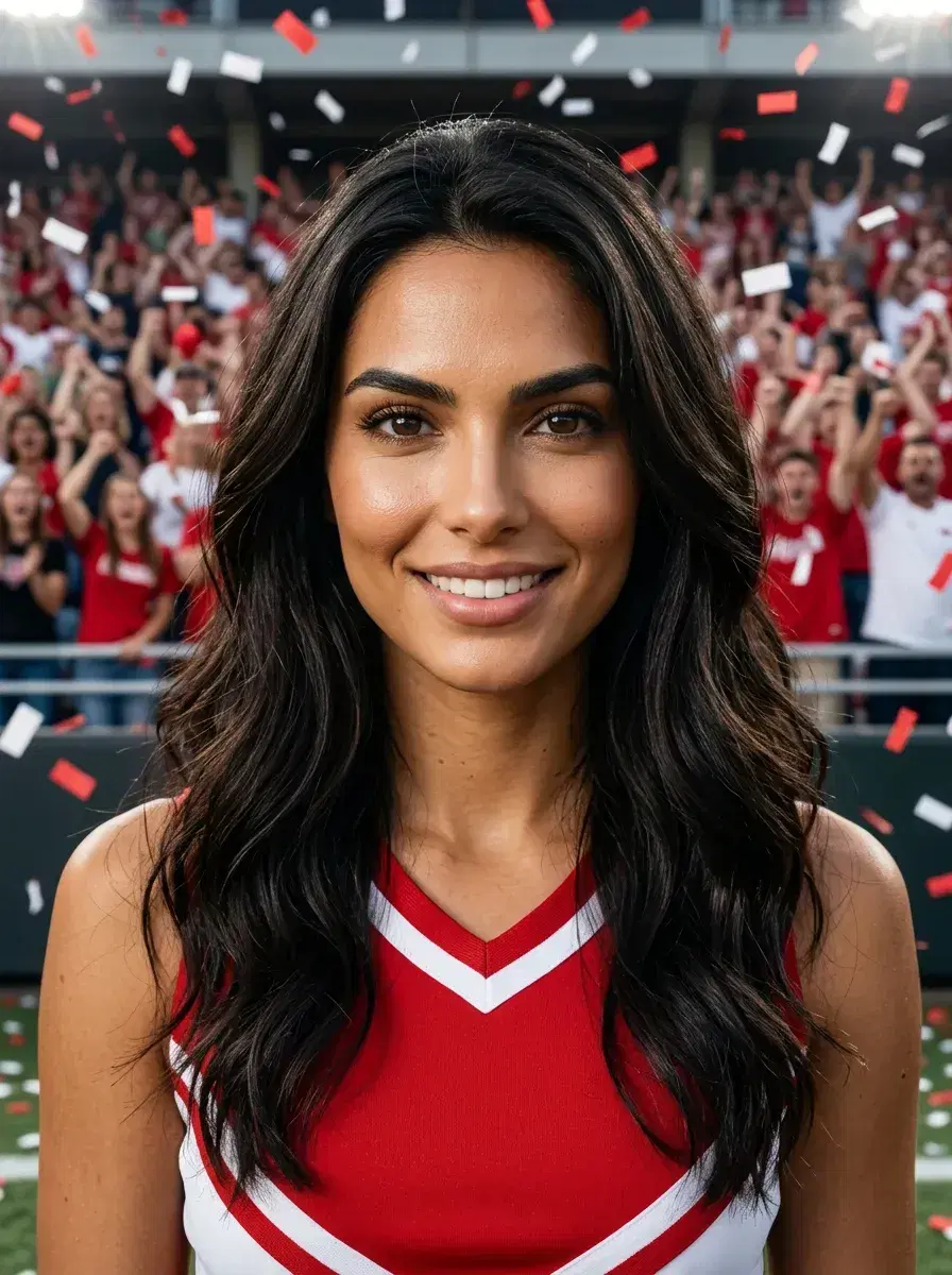 AI AI Cheerleader Photos — Squad-Ready Looks — Person in red and white cheer uniform with confetti falling and crowd behind