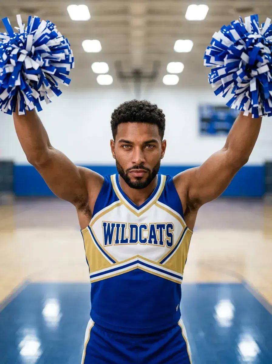 AI AI Cheerleader Photos — Squad-Ready Looks — Person in cheer athletic wear on gym floor with pom-poms raised overhead