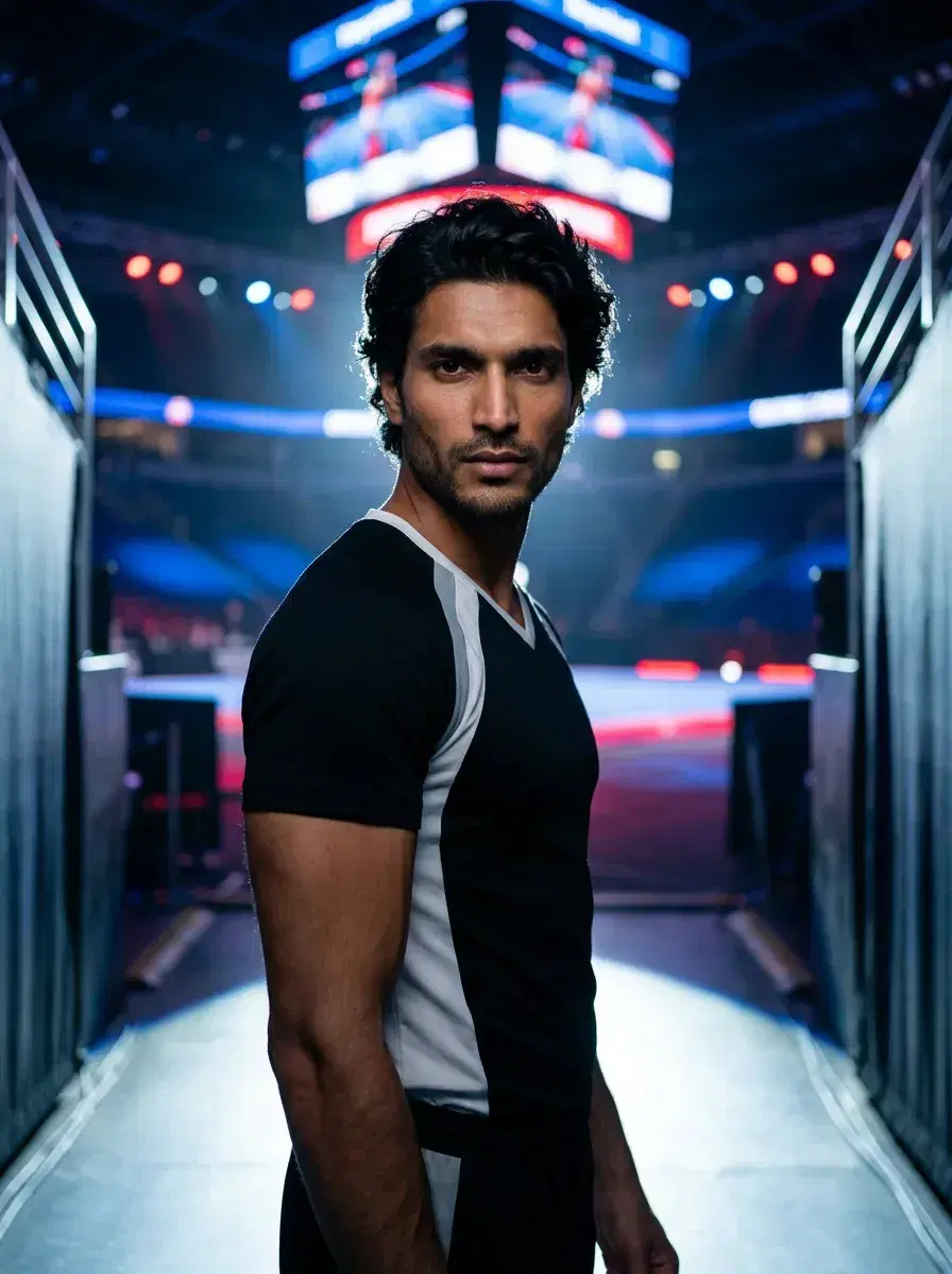 AI AI Cheerleader Photos — Squad-Ready Looks — Person in competition cheer uniform in arena tunnel with dramatic backlight