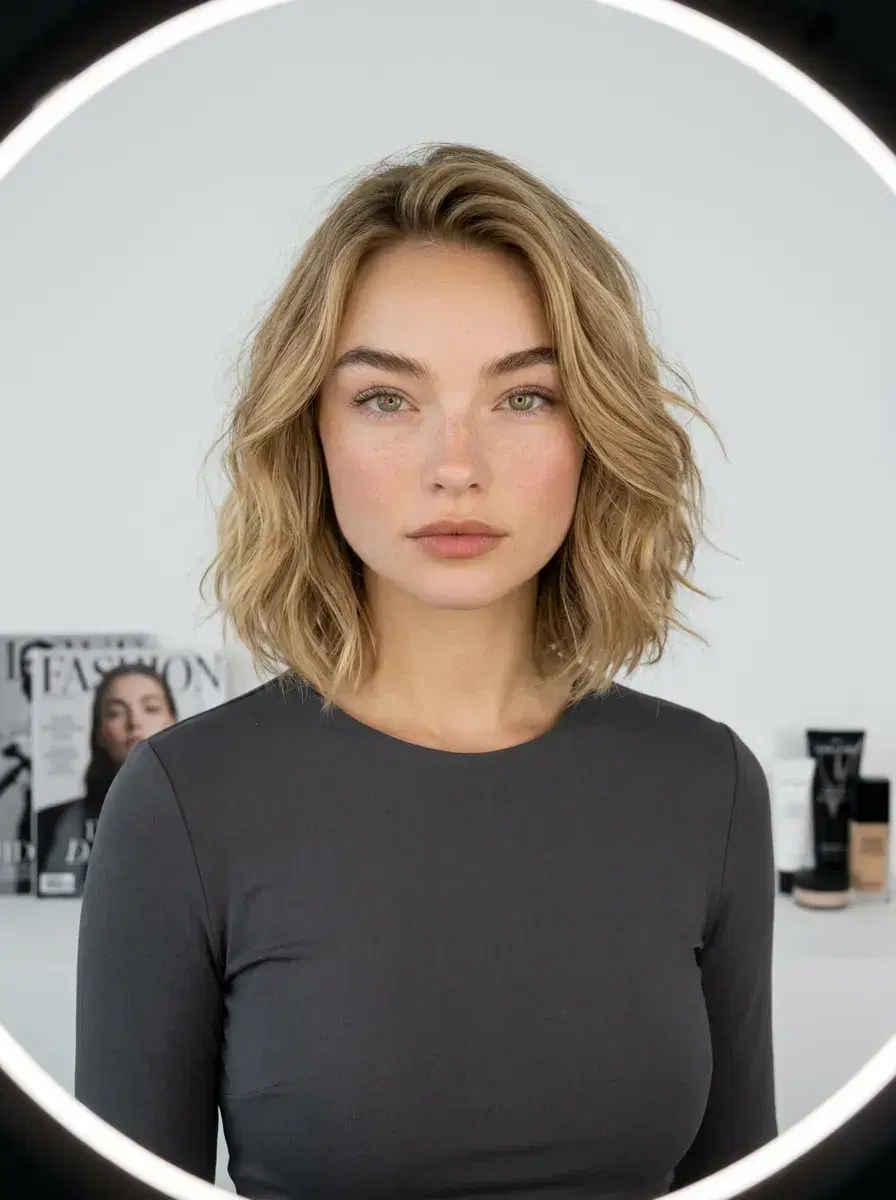 AI AI Content Creator Photos — Scroll-Stopping Looks — Content creator in minimalist white studio with ring light — AI content creator photo by Pose AI