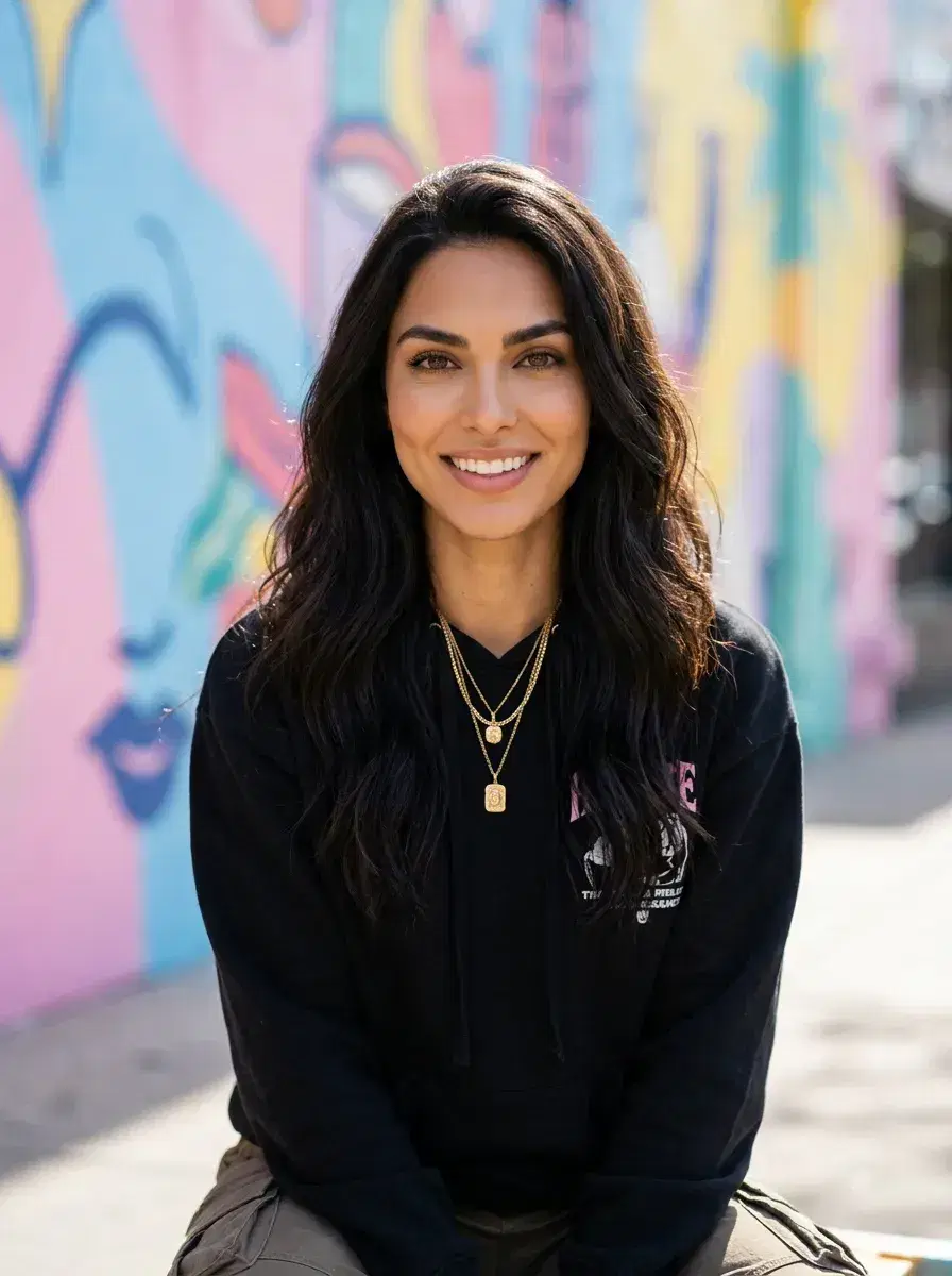 AI AI Content Creator Photos — Scroll-Stopping Looks — Urban mural street style content creator shot — AI content creator photo by Pose AI