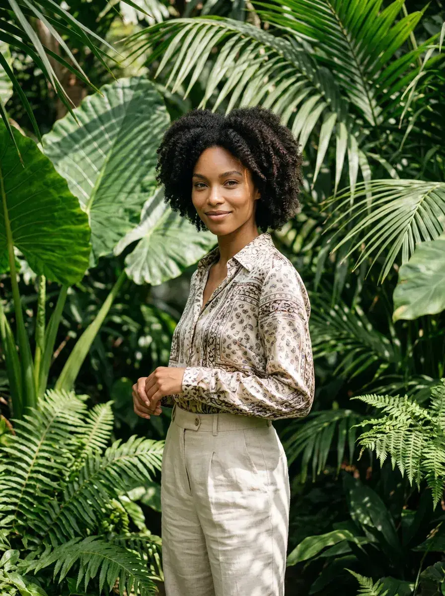 AI AI Content Creator Photos — Scroll-Stopping Looks — Tropical garden influencer content shot — AI content creator photo by Pose AI