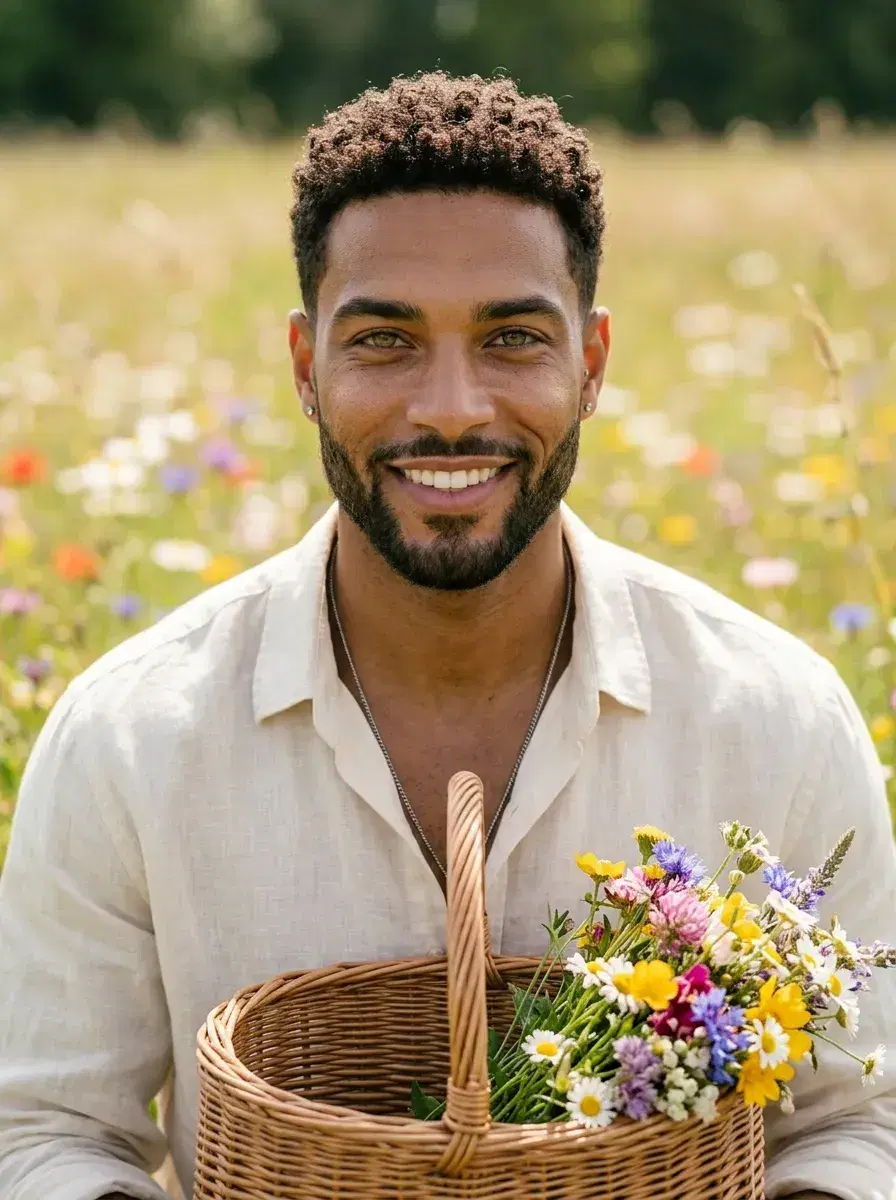 AI AI Cottagecore Aesthetic Photos — Whimsical Portraits — Person in cottagecore linen holding a wildflower basket in a sunny meadow