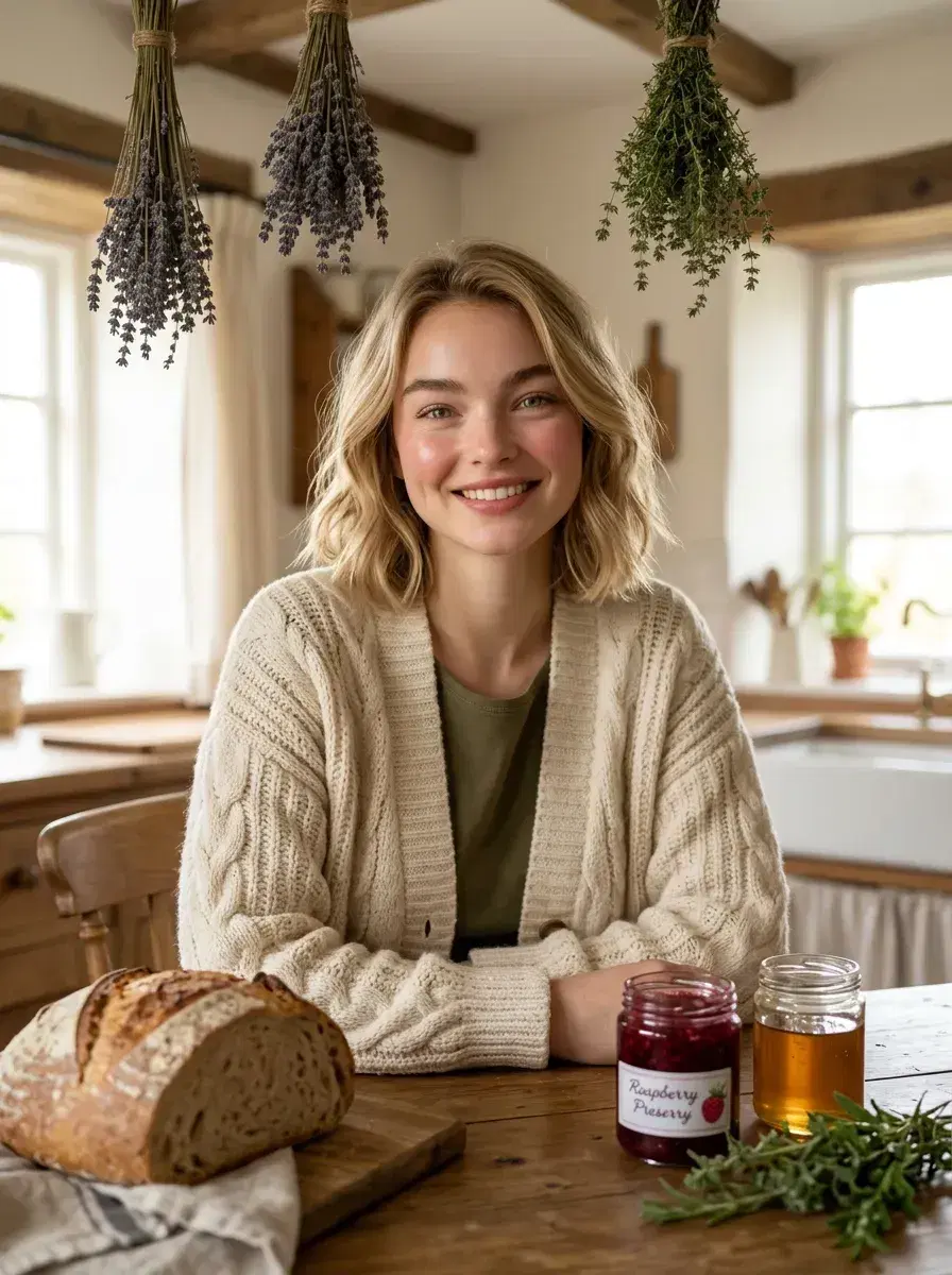 AI AI Cottagecore Aesthetic Photos — Whimsical Portraits — Person in cottagecore knitwear at a rustic kitchen table with bread and preserves