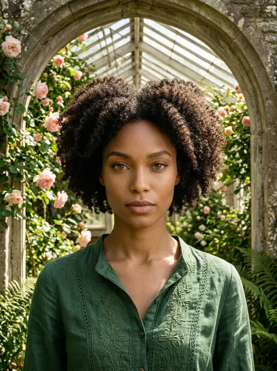 AI AI Cottagecore Aesthetic Photos — Whimsical Portraits — Person in cottagecore attire inside an ancient stone greenhouse with climbing roses