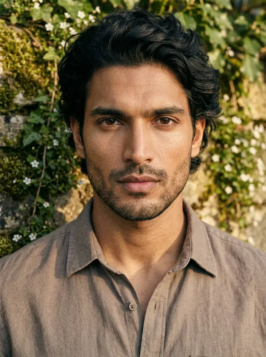 AI AI Cottagecore Aesthetic Photos — Whimsical Portraits — Close-up cottagecore portrait against a mossy stone wall with ivy and white flowers