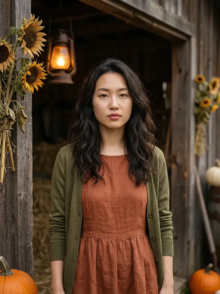 AI AI Cottagecore Aesthetic Photos — Whimsical Portraits — Person in harvest cottagecore outfit at a rustic barn entrance with lanterns and sunflowers