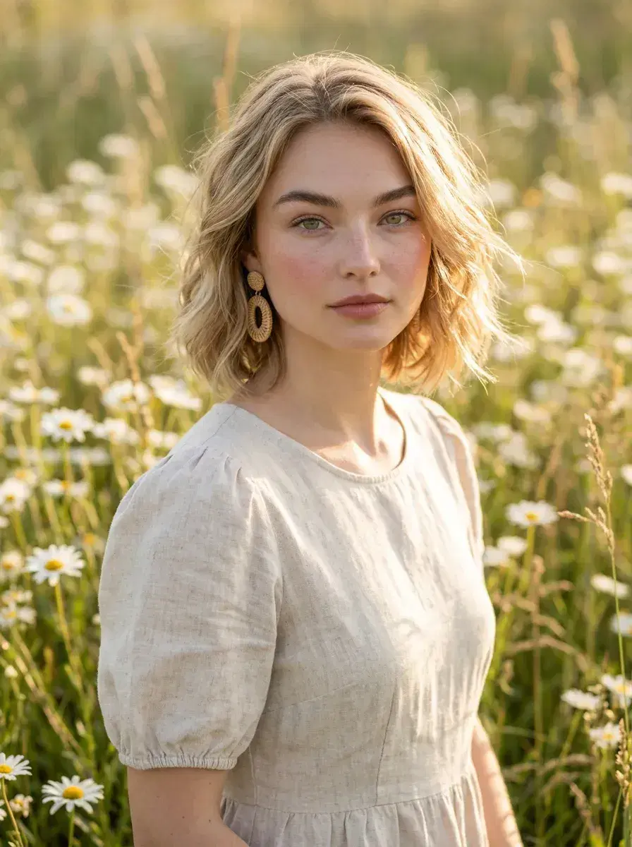 AI AI Cottagecore Aesthetic Photos — Whimsical Portraits — Person in cottagecore linen outfit standing in a wildflower meadow at golden hour