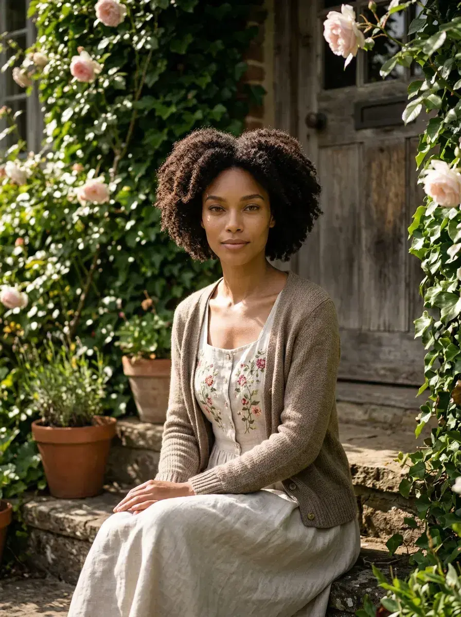 AI AI Cottagecore Aesthetic Photos — Whimsical Portraits — Person in cottagecore attire seated on ivy-covered cottage doorway steps