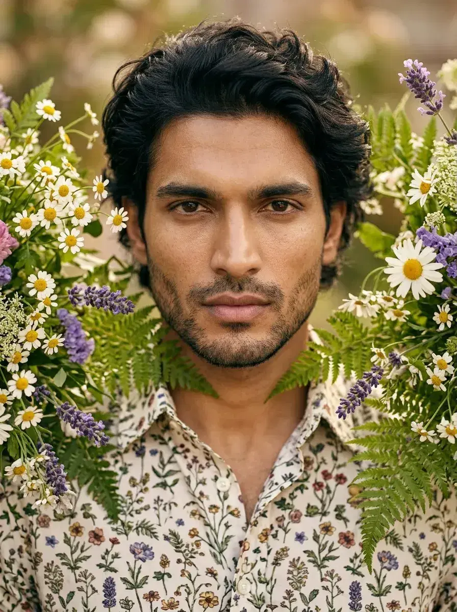 AI AI Cottagecore Aesthetic Photos — Whimsical Portraits — Close-up cottagecore portrait surrounded by fresh wildflowers and greenery