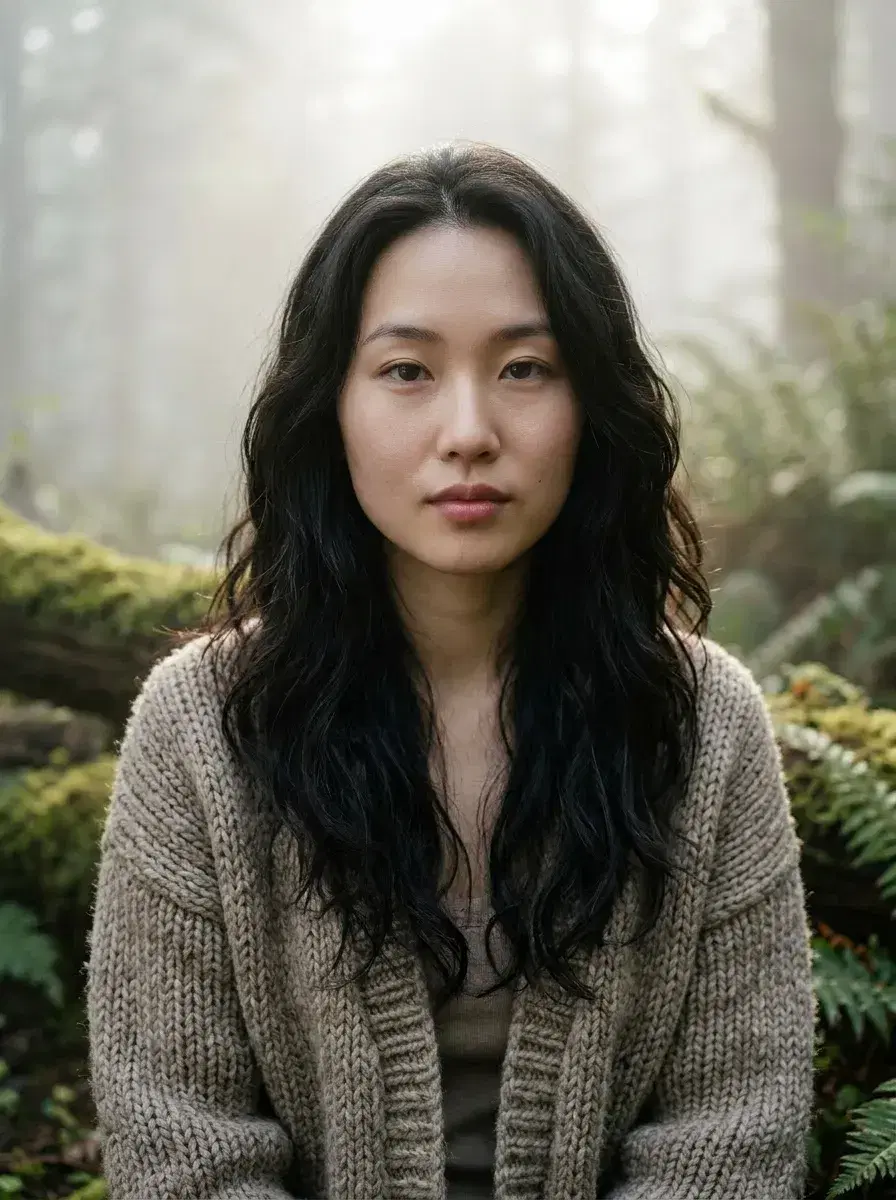 AI AI Cottagecore Aesthetic Photos — Whimsical Portraits — Person in knitted cottagecore outfit in a misty forest clearing at dawn