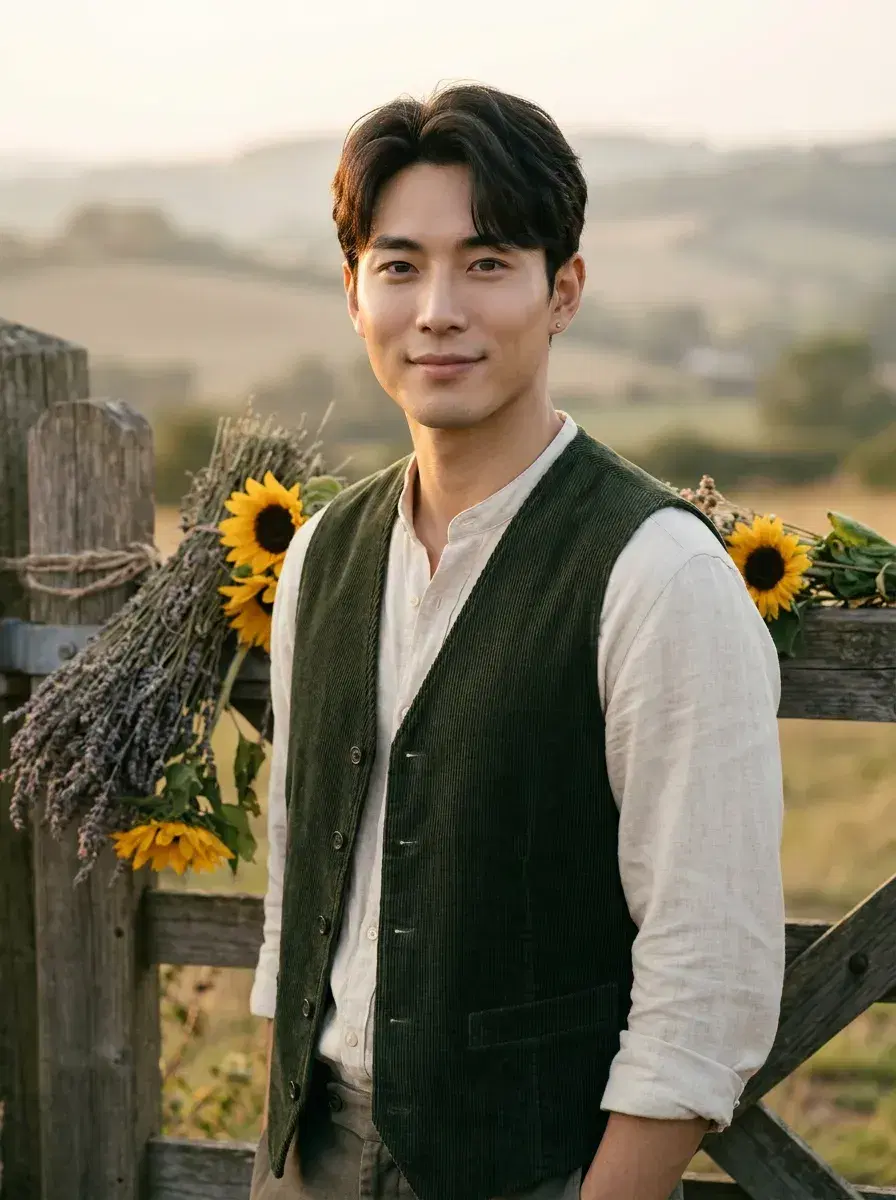 AI AI Cottagecore Aesthetic Photos — Whimsical Portraits — Person in cottagecore harvest outfit beside a rustic farm gate with lavender and sunflowers
