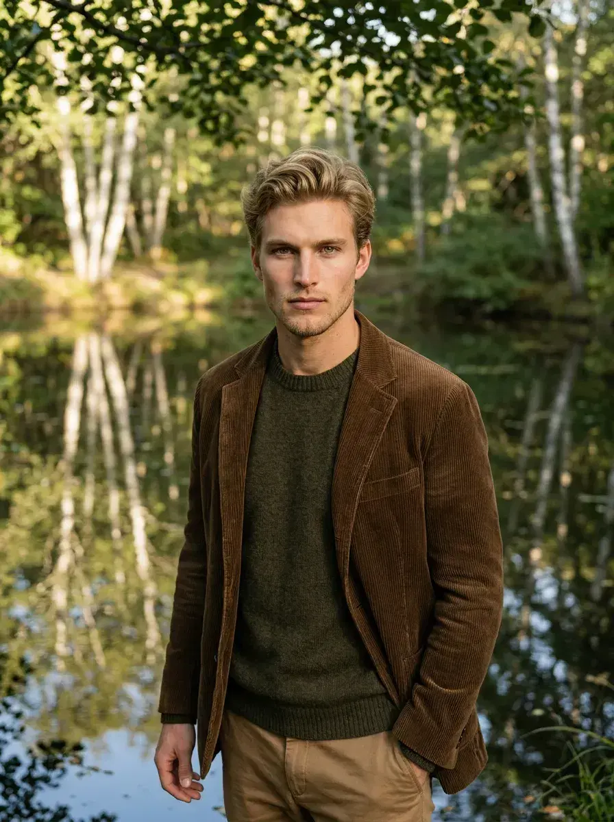 AI AI Cottagecore Aesthetic Photos — Whimsical Portraits — Person in cottagecore outfit by a woodland pond with birch tree reflections