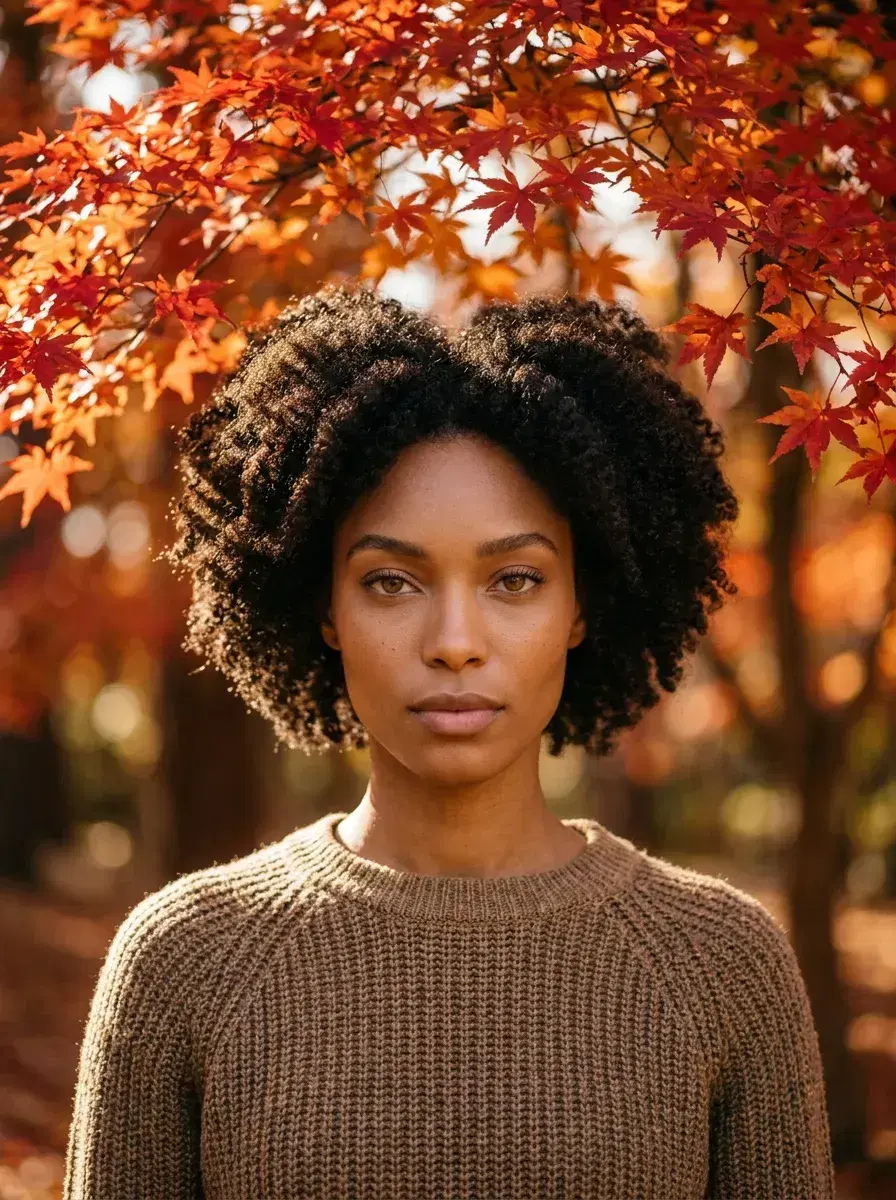 AI AI Cozy Autumn Photos — Warm Fall Vibes — Person under a fiery maple canopy in a cozy knit autumn outfit