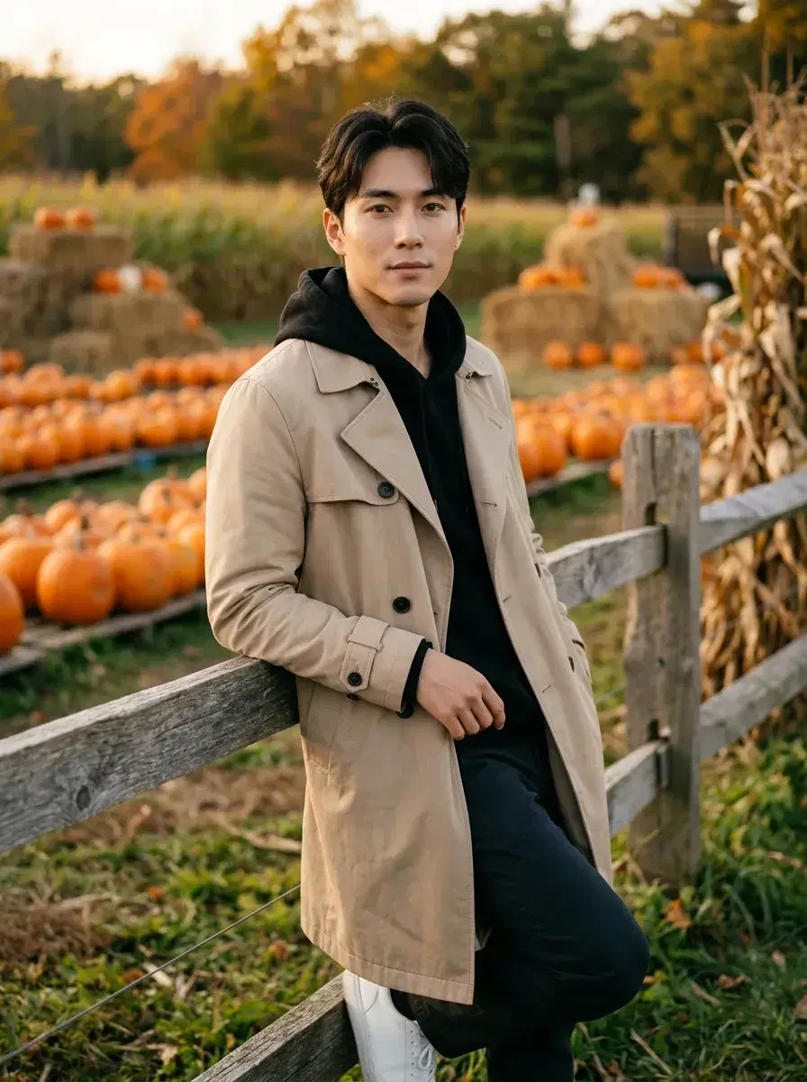 AI AI Cozy Autumn Photos — Warm Fall Vibes — Person at a countryside pumpkin farm leaning on a wooden fence at golden hour