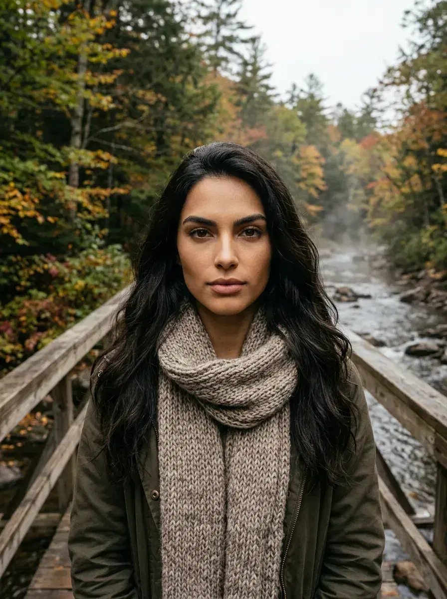 AI AI Cozy Autumn Photos — Warm Fall Vibes — Person on a misty wooden bridge surrounded by vivid autumn foliage