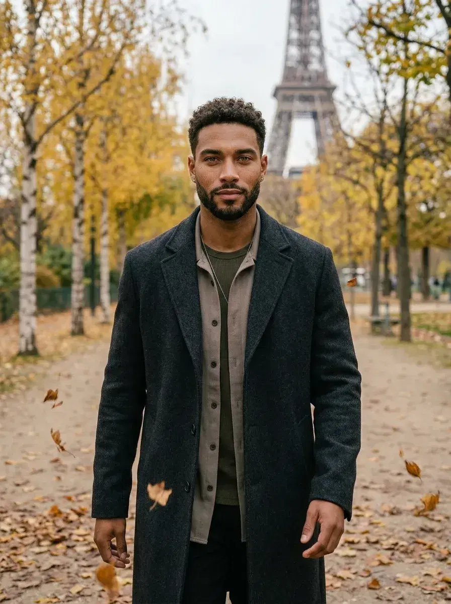 AI AI Cozy Autumn Photos — Warm Fall Vibes — Person in a wool overcoat on a golden birch-lined urban park path in autumn