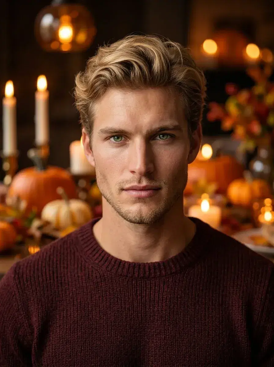 AI AI Cozy Autumn Photos — Warm Fall Vibes — Close portrait with warm candlelit autumn harvest table bokeh in the background