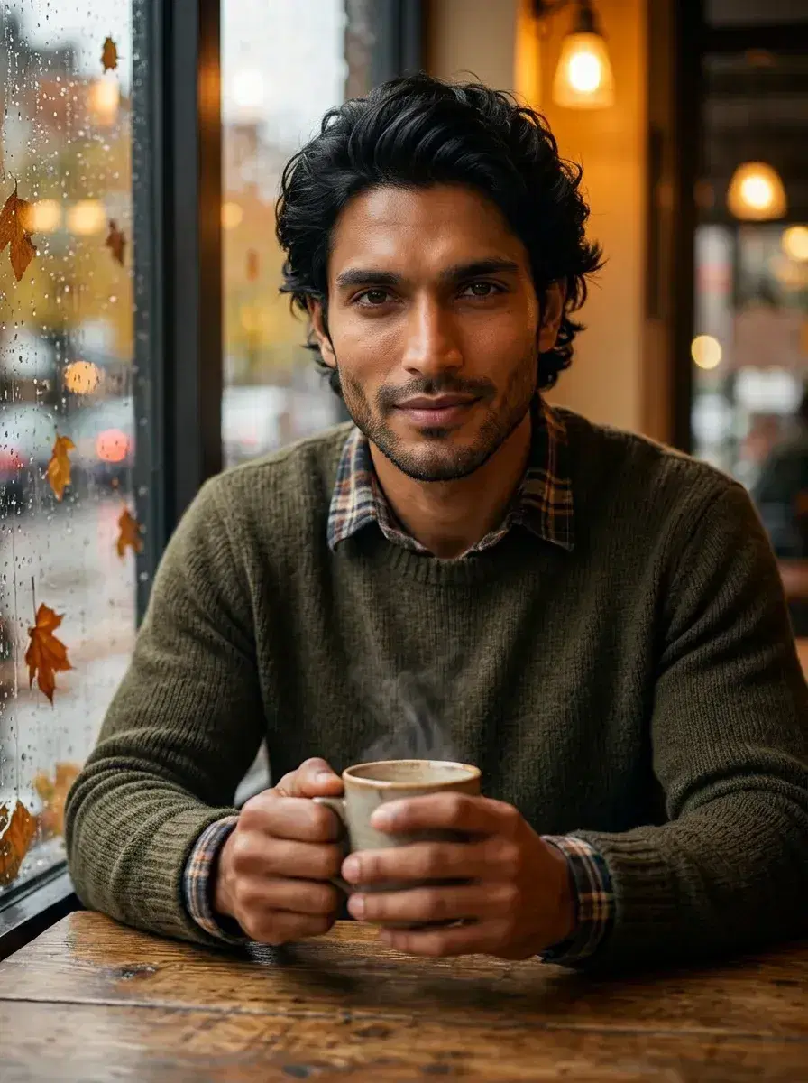 AI AI Cozy Autumn Photos — Warm Fall Vibes — Person at a cozy autumn café with a warm drink beside a rainy window