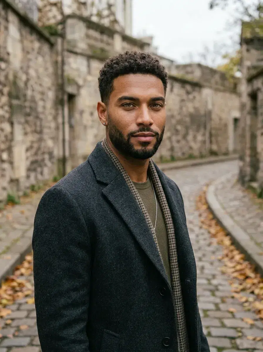 AI AI Cozy Autumn Photos — Warm Fall Vibes — Person in wool coat on a leaf-covered cobblestone autumn path