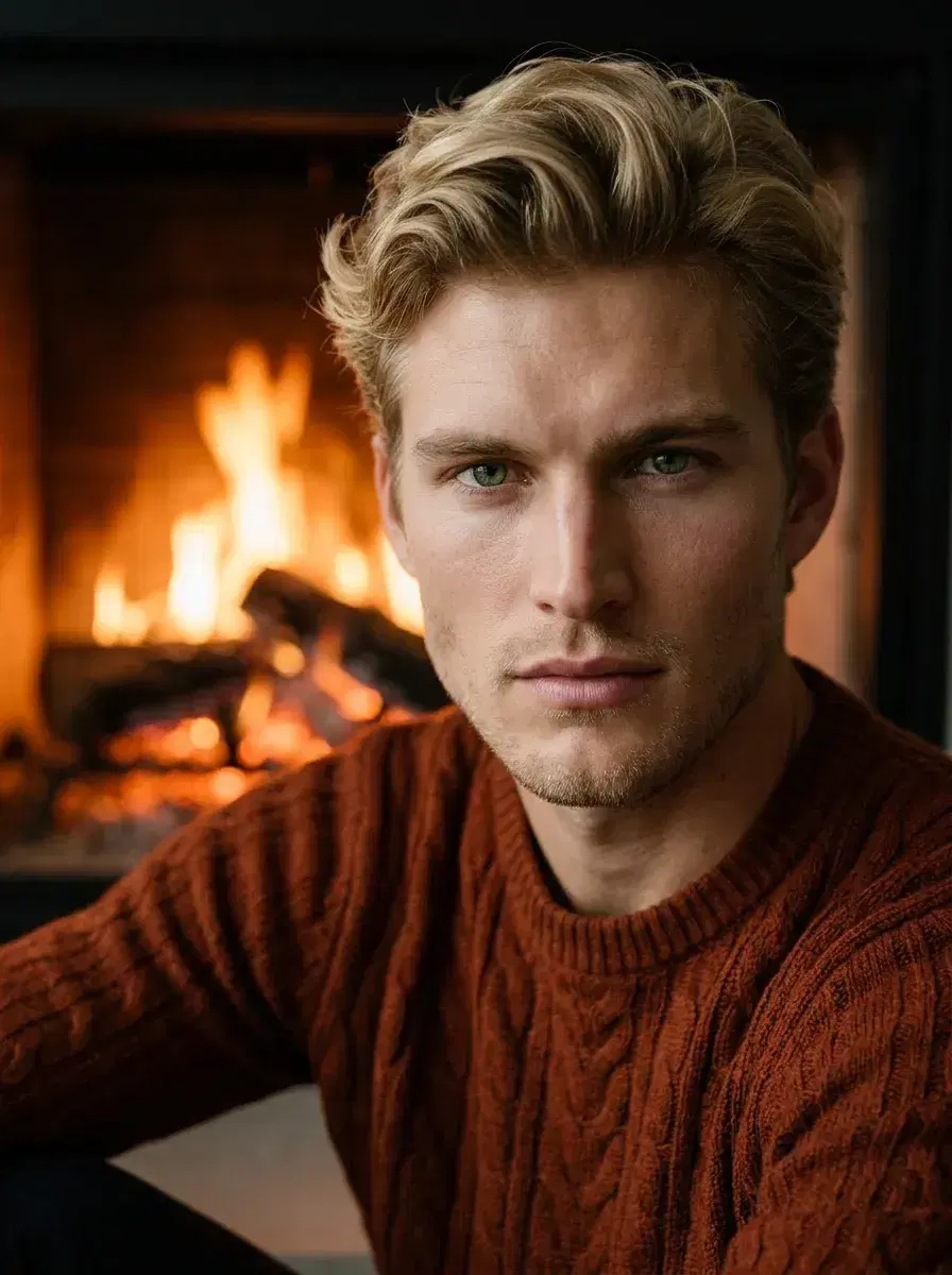 AI AI Cozy Autumn Photos — Warm Fall Vibes — Close portrait of a person by a warm fireplace with glowing autumn light