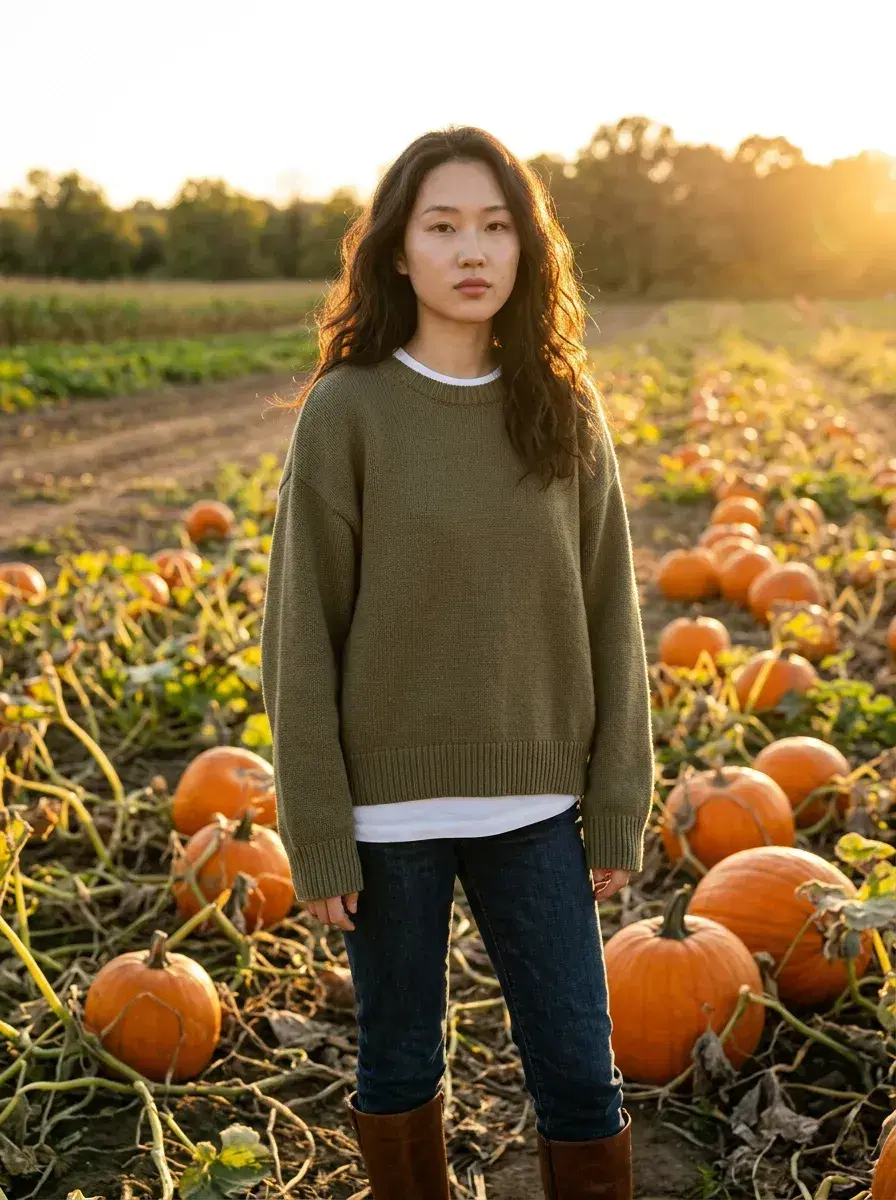 AI AI Cozy Autumn Photos — Warm Fall Vibes — Person posing confidently in a pumpkin patch at golden hour