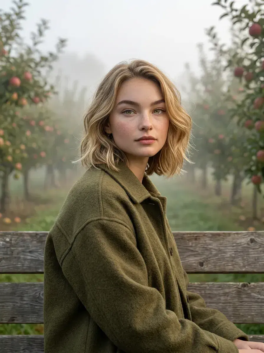 AI AI Cozy Autumn Photos — Warm Fall Vibes — Person sitting in a misty autumn apple orchard on a wooden bench