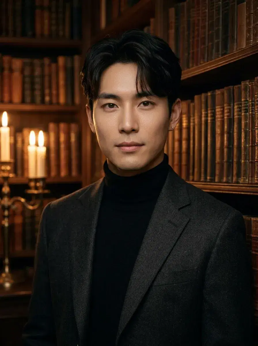 AI AI Dark Academia Portraits — Moody Scholar Looks — Waist-up AI dark academia portrait between towering antique bookshelves with candlelight