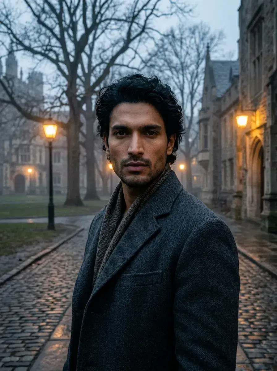 AI AI Dark Academia Portraits — Moody Scholar Looks — Three-quarter dark academia portrait on a misty cobblestone campus path at twilight