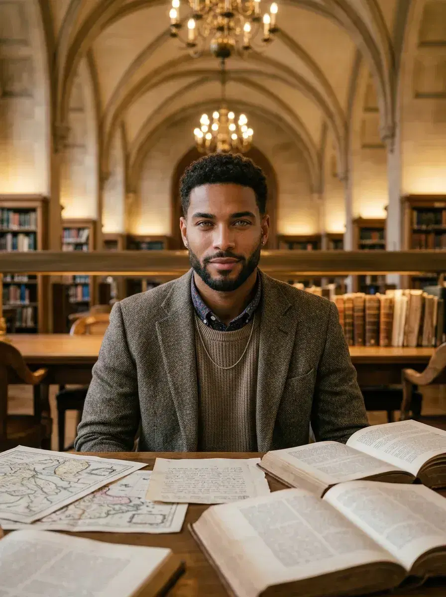 AI AI Dark Academia Portraits — Moody Scholar Looks — Person at a manuscript-covered reading table in an ornate university hall — dark academia AI photo