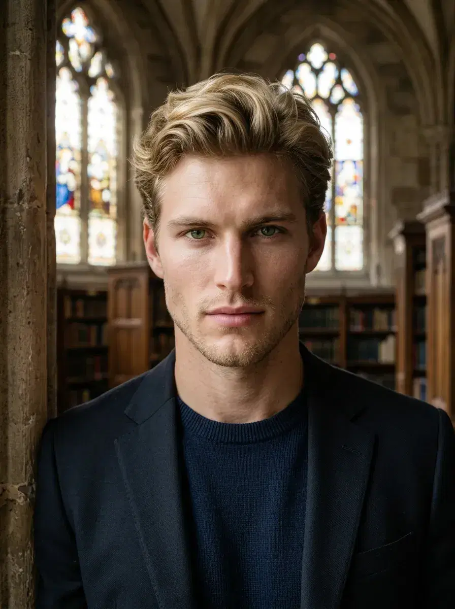 AI AI Dark Academia Portraits — Moody Scholar Looks — Chest-up dark academia portrait leaning against a stone column under stained glass library windows