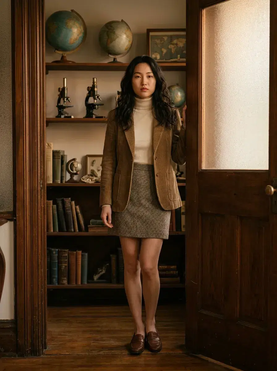 AI AI Dark Academia Portraits — Moody Scholar Looks — Three-quarter dark academia portrait in a vintage study room doorway with amber light and curiosities