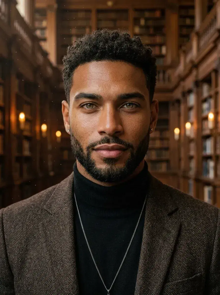 AI AI Dark Academia Portraits — Moody Scholar Looks — Person in tweed blazer posing in a candlelit grand library for an AI dark academia portrait