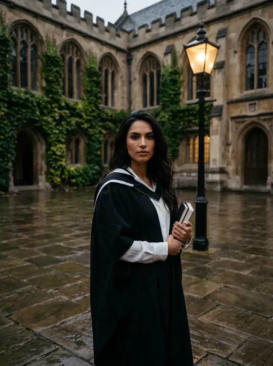 AI AI Dark Academia Portraits — Moody Scholar Looks — Person in scholarly attire in a rainy Gothic university courtyard for an AI dark academia portrait