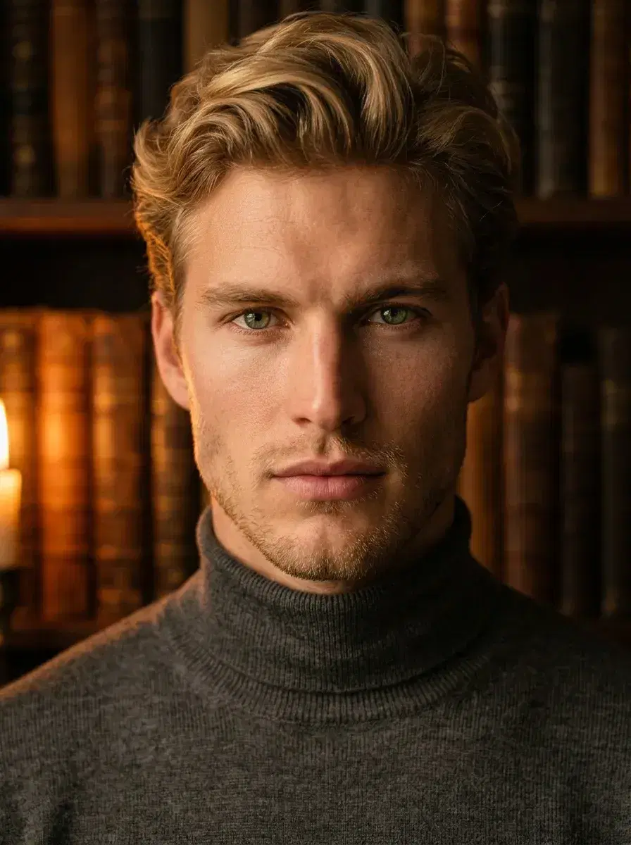 AI AI Dark Academia Portraits — Moody Scholar Looks — Candlelit close-up dark academia portrait of a person surrounded by antique books