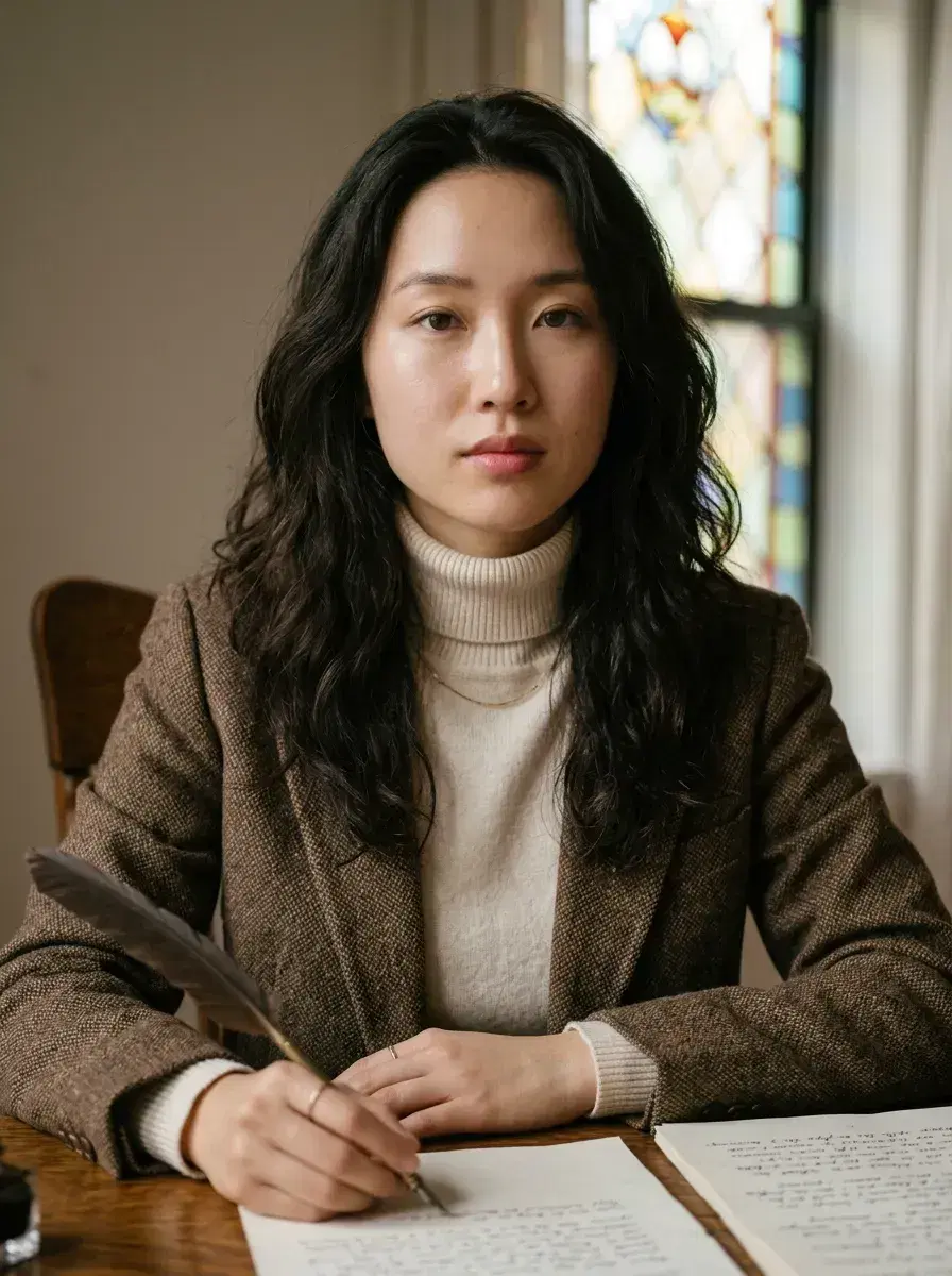 AI AI Dark Academia Portraits — Moody Scholar Looks — Person at an antique writing desk with stained glass light in a dark academia AI photo
