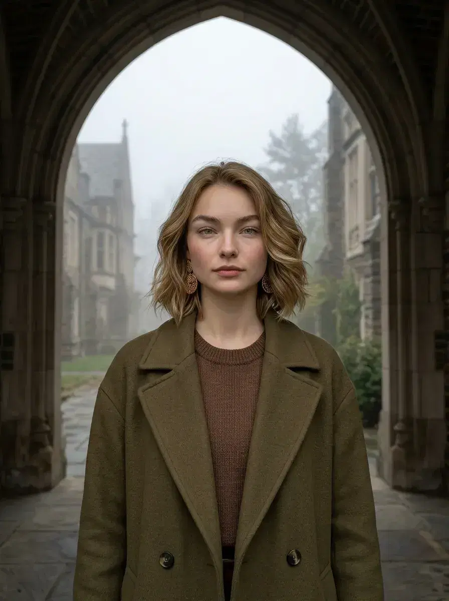 AI AI Dark Academia Portraits — Moody Scholar Looks — Person in overcoat standing in a foggy Gothic archway for a dark academia AI portrait