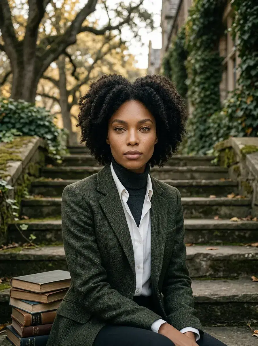 AI AI Dark Academia Portraits — Moody Scholar Looks — Person on stone university steps with vintage books in a cinematic dark academia portrait