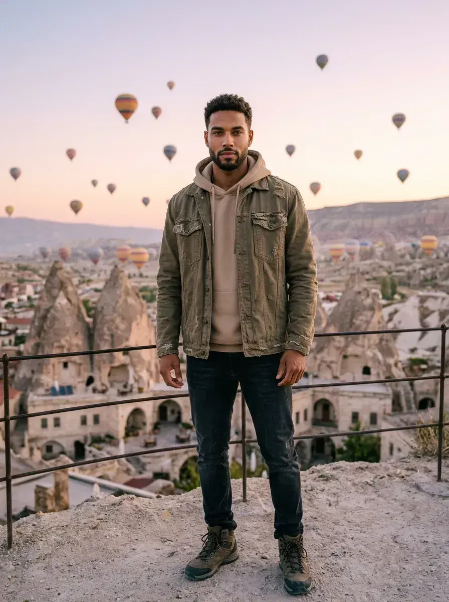 AI AI Digital Nomad Photos — Instant Wanderlust — AI digital nomad photo in Cappadocia with hot air balloons