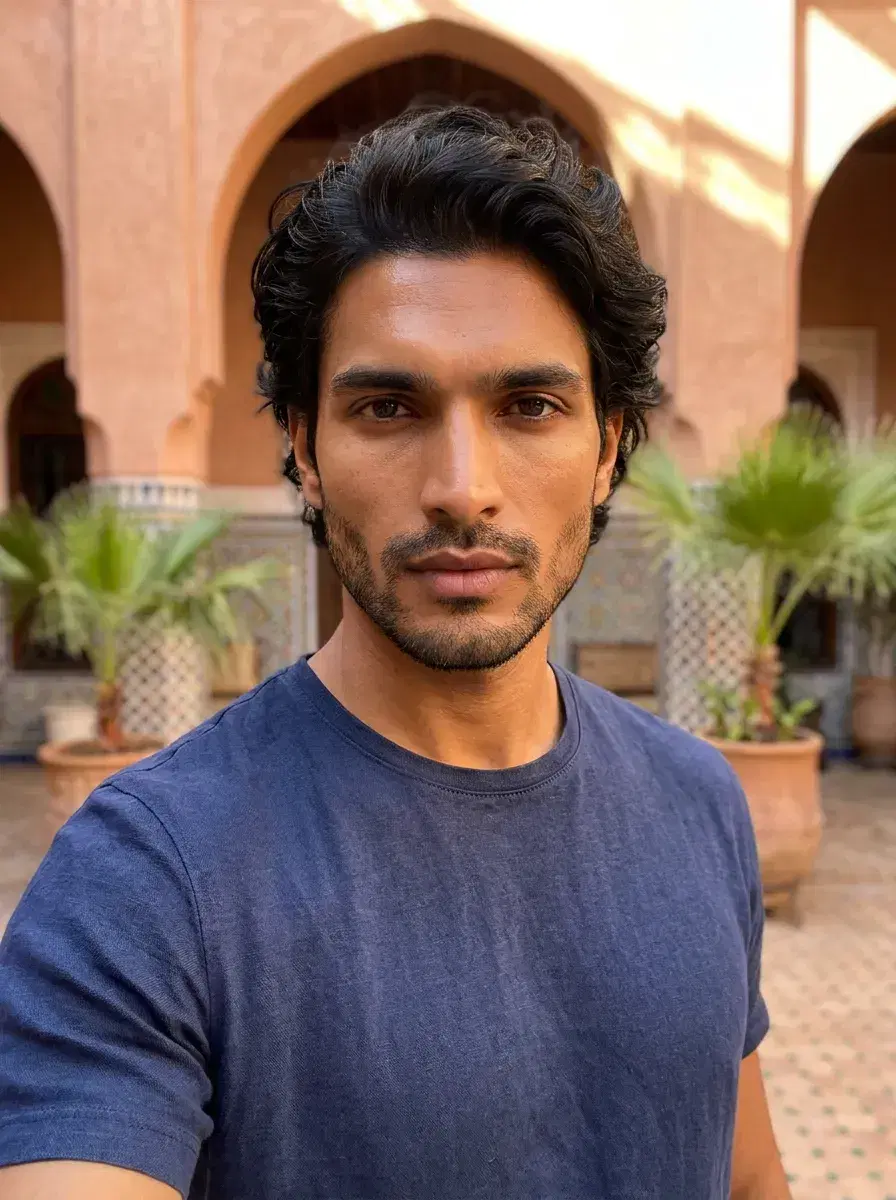 AI AI Digital Nomad Photos — Instant Wanderlust — AI digital nomad portrait in Moroccan riad courtyard