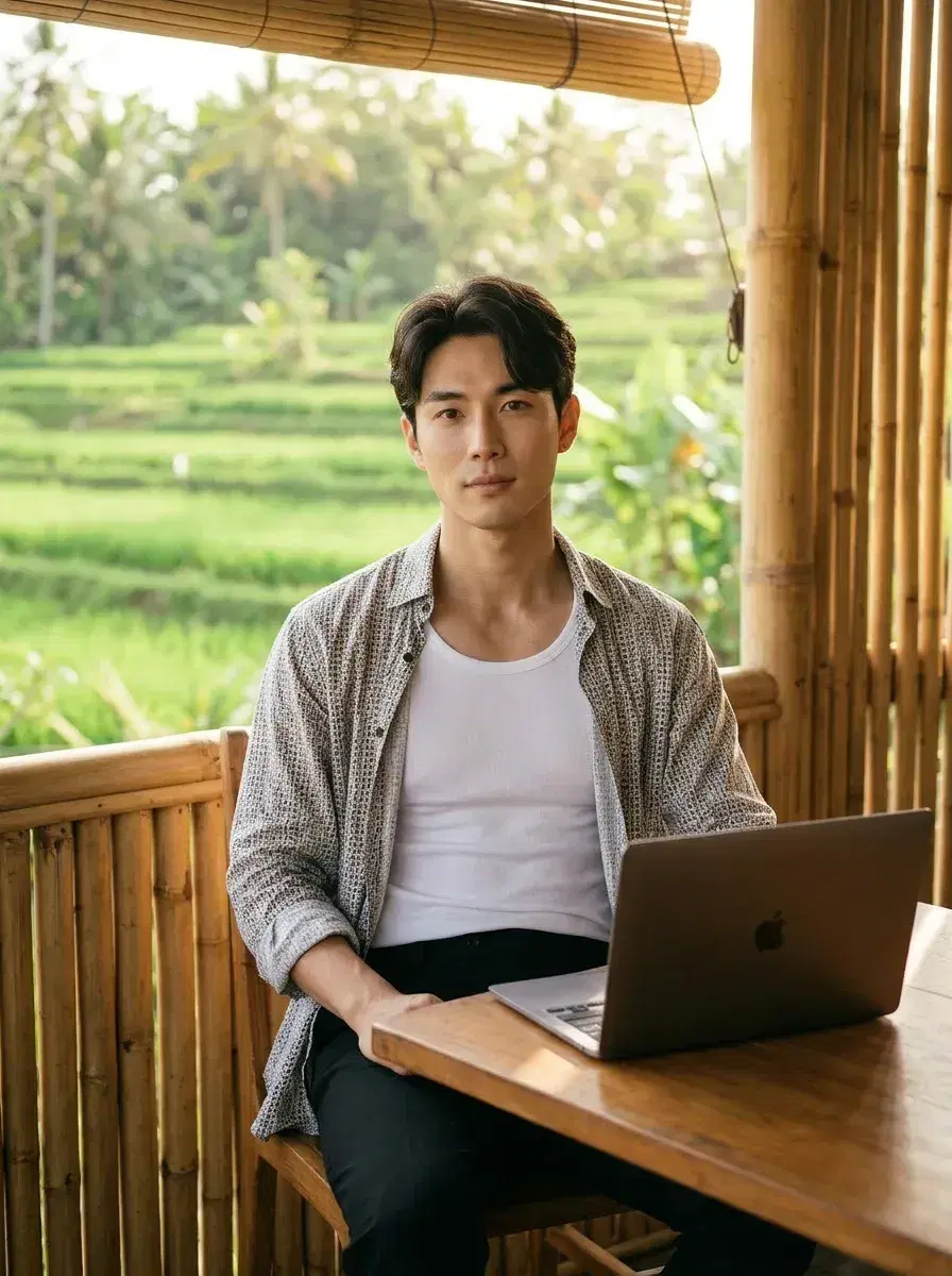 AI AI Digital Nomad Photos — Instant Wanderlust — AI digital nomad photo in Bali café with rice terrace background