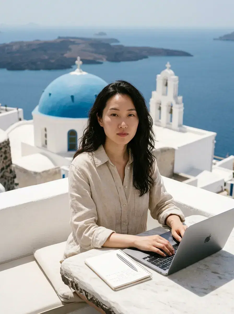 AI AI Digital Nomad Photos — Instant Wanderlust — AI digital nomad photo on Santorini terrace with caldera view