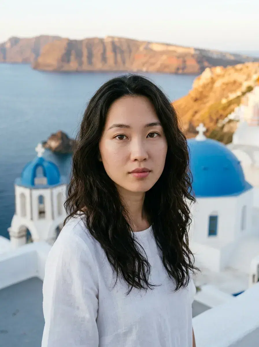 AI AI Europe Travel Photos — Instant Wanderlust — Person on Santorini terrace with caldera view, AI Greece travel photo