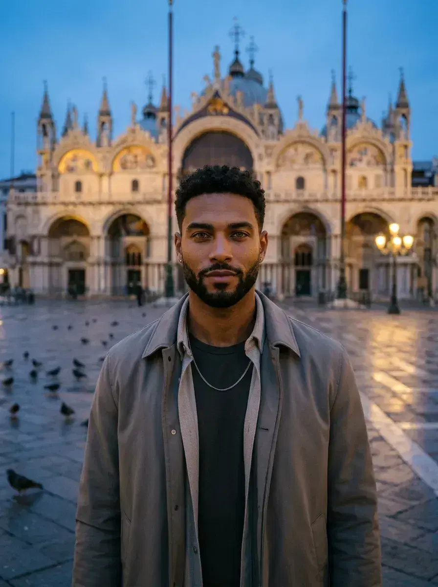 AI AI Europe Travel Photos — Instant Wanderlust — Person in St Mark's Square Venice at blue hour, AI Italy travel photo