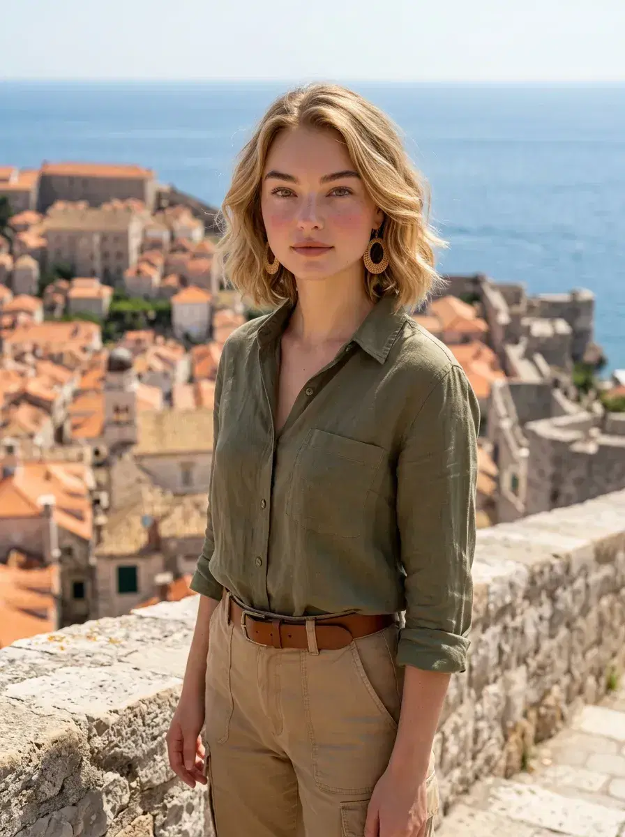 AI AI Europe Travel Photos — Instant Wanderlust — Person on Dubrovnik city walls with Adriatic Sea, AI Croatia travel photo