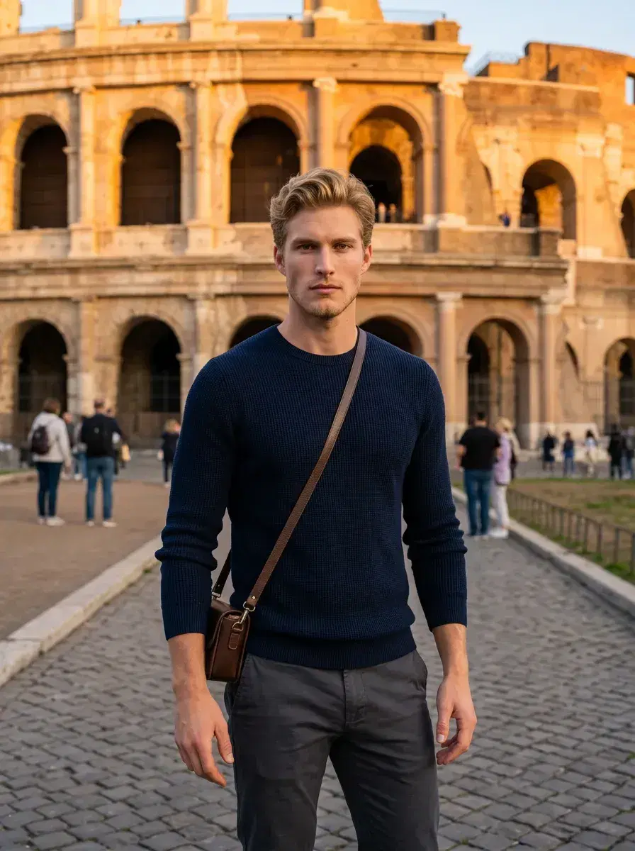 AI AI Europe Travel Photos — Instant Wanderlust — Person posing in front of the Colosseum in Rome, AI travel photo